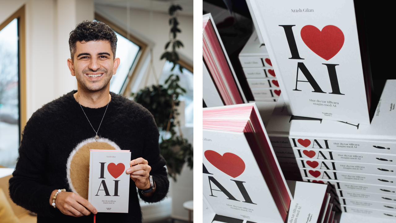 Kollage. Bild på Arash Gilan som håller i boken samt en bild på böcker i högar