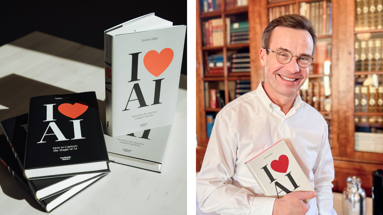Kollage. Bild på boken i två olika upplagor. Den andra bilden på Ulf Kristersson som håller i boken.