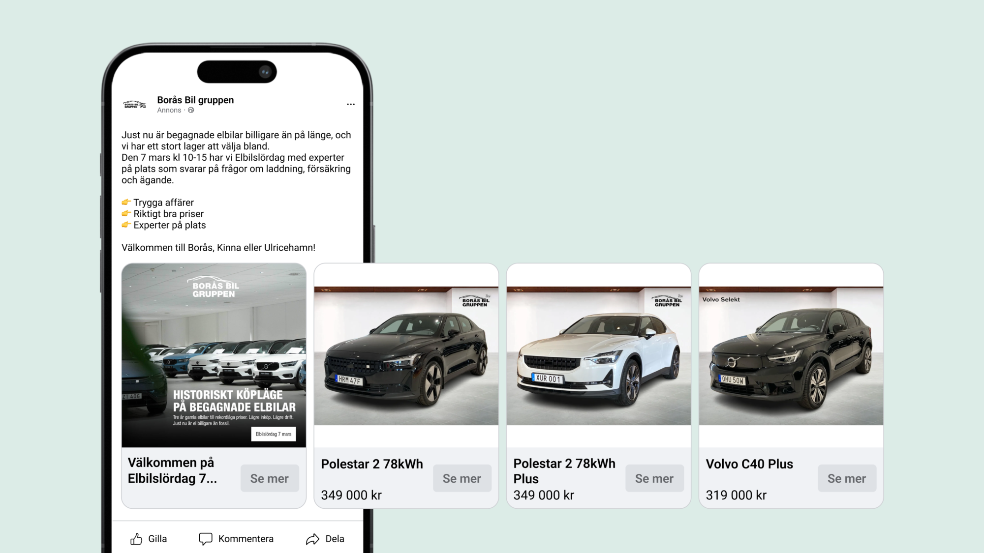 Annons från Borås Bilgruppen som visar begagnade elbilar till salu, bland annat Polestar 2 och Volvo C40, med priser och info om Elbilslördag.