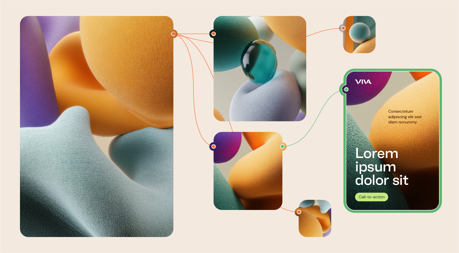 Illustration av Fluid Brand Identity där ett visuellt mönster genererar flera varumärkestrogna variationer för olika format och annonser.