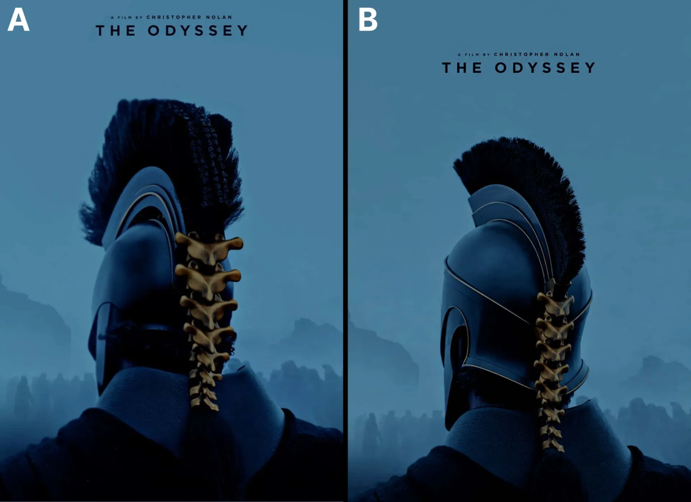 Två nästan identiska bilder av en krigare från filmen The Odyssey visas sida vid sida för att jämföra AI-genererad och verklig bild.