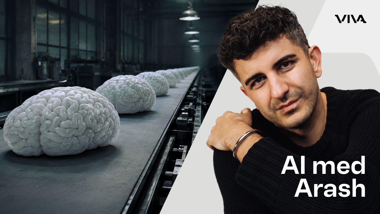 Arash Gilan bredvid ett löpande band med hjärnor som symboliserar artificiell intelligens. AI-genererad bild.