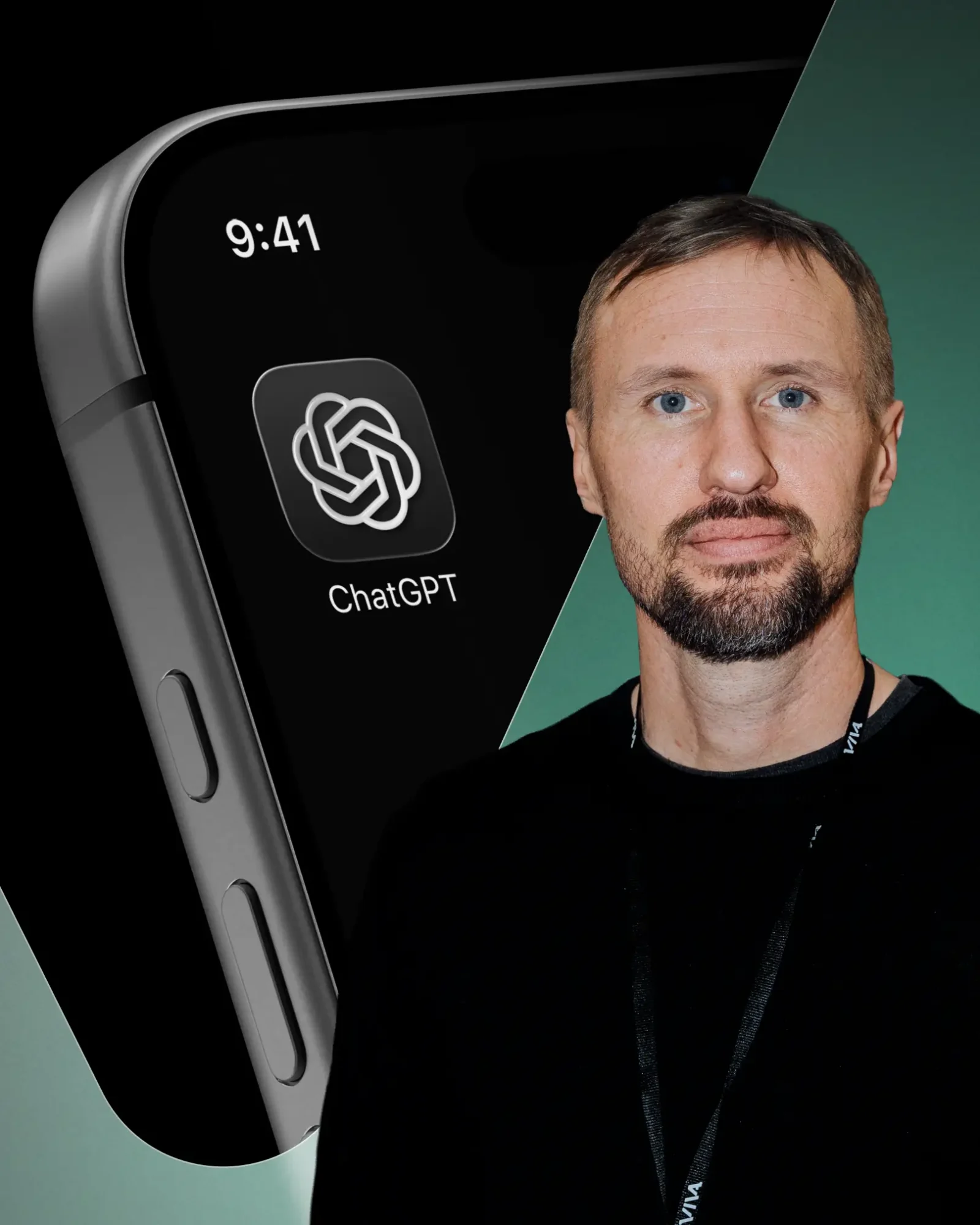 En mobiltelefon visas med ChatGPT-ikonen på skärmen, klockan visar 9:41. Till höger står en person med kort hår och skägg, klädd i en svart tröja och bär ett snöre med texten "Viva".